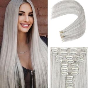 New 11PCS 24" StraightSilver Grey Hairpieces Clip-In Hair Extensions